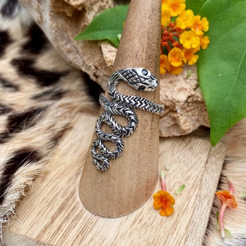 Sterling Silver Snake Cobra Ring With Black Onyx Eyes
